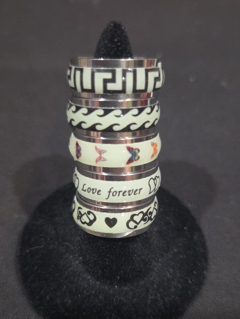 SET OF 5 RINGS - GLOW IN THE DARK - STAINLESS STEEL
